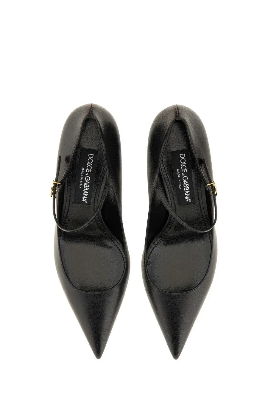 Dolce &amp; Gabbana women’s black leather high-heeled pumps with pointed toe and gold-tone buckle strap