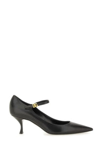 Dolce &amp; Gabbana women’s black leather mary jane pumps with gold-tone dg logo buckle and slender stiletto heel