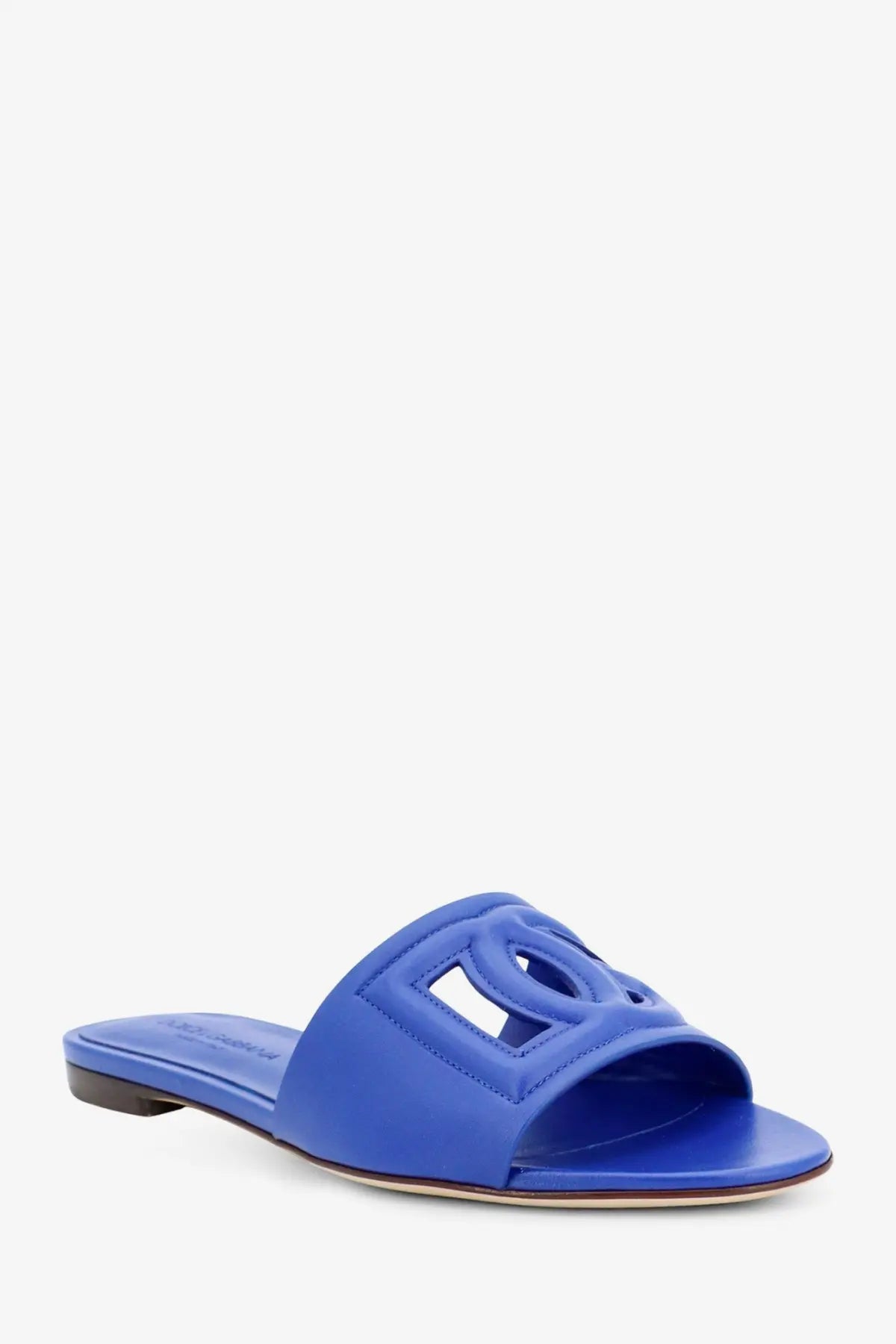 Dolce &amp; Gabbana women’s bright blue leather slide sandal with distinctive cut-out logo design on the strap