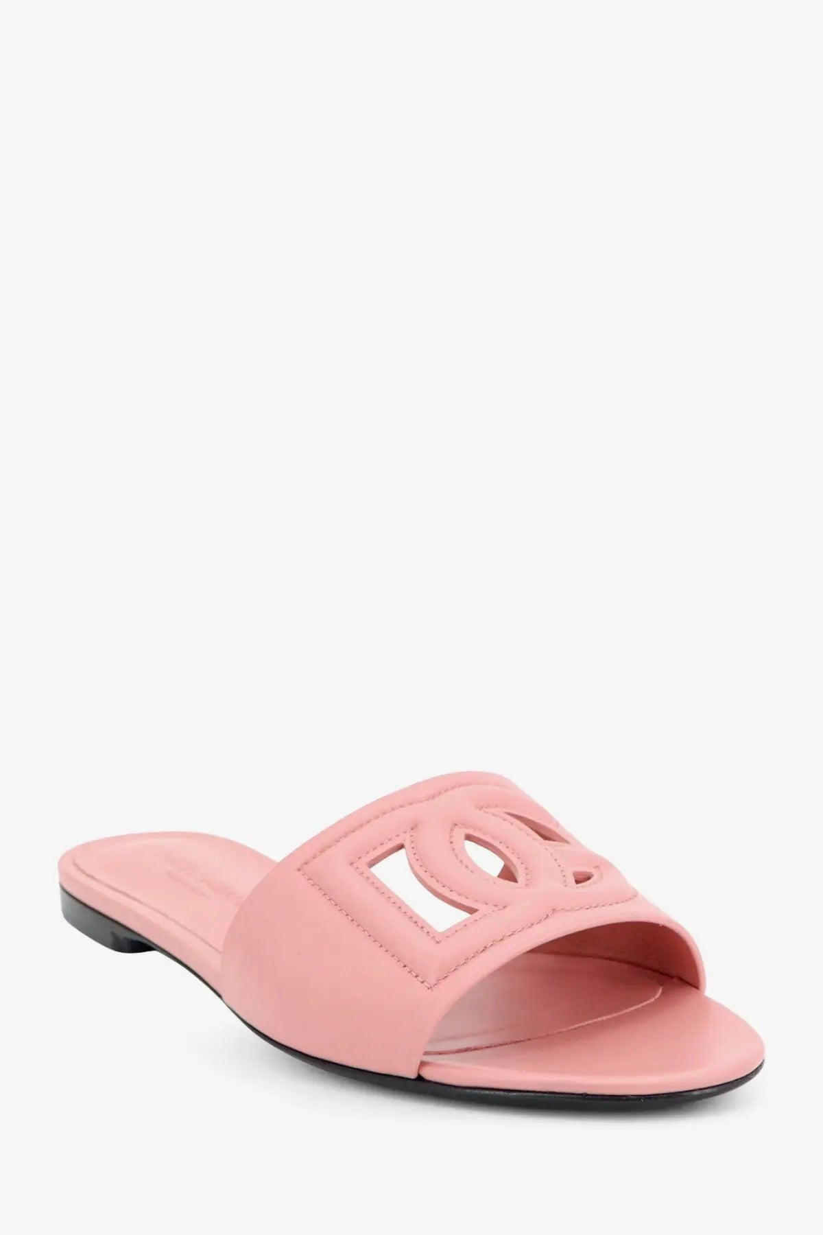 Pink leather dolce and gabbana women’s slide sandal featuring chanel cut-out logo detail