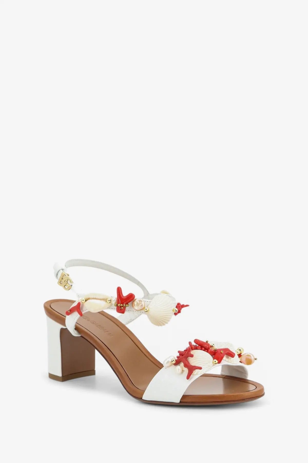 Dolce &amp; Gabbana women’s white and brown leather heeled sandals adorned with red coral seashells and pearls