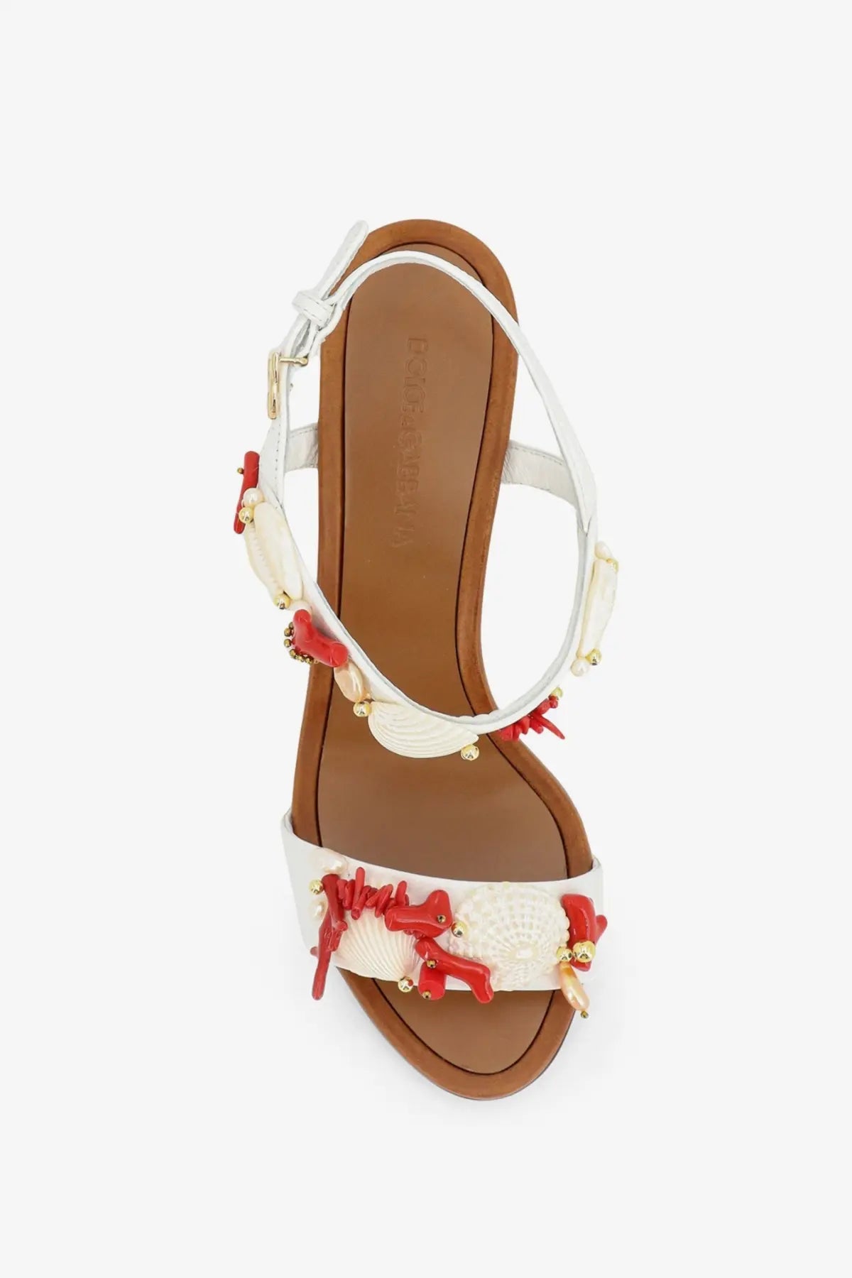 Dolce &amp; Gabbana women’s leather sandals white with white and red coral-themed embellishments and brown insole