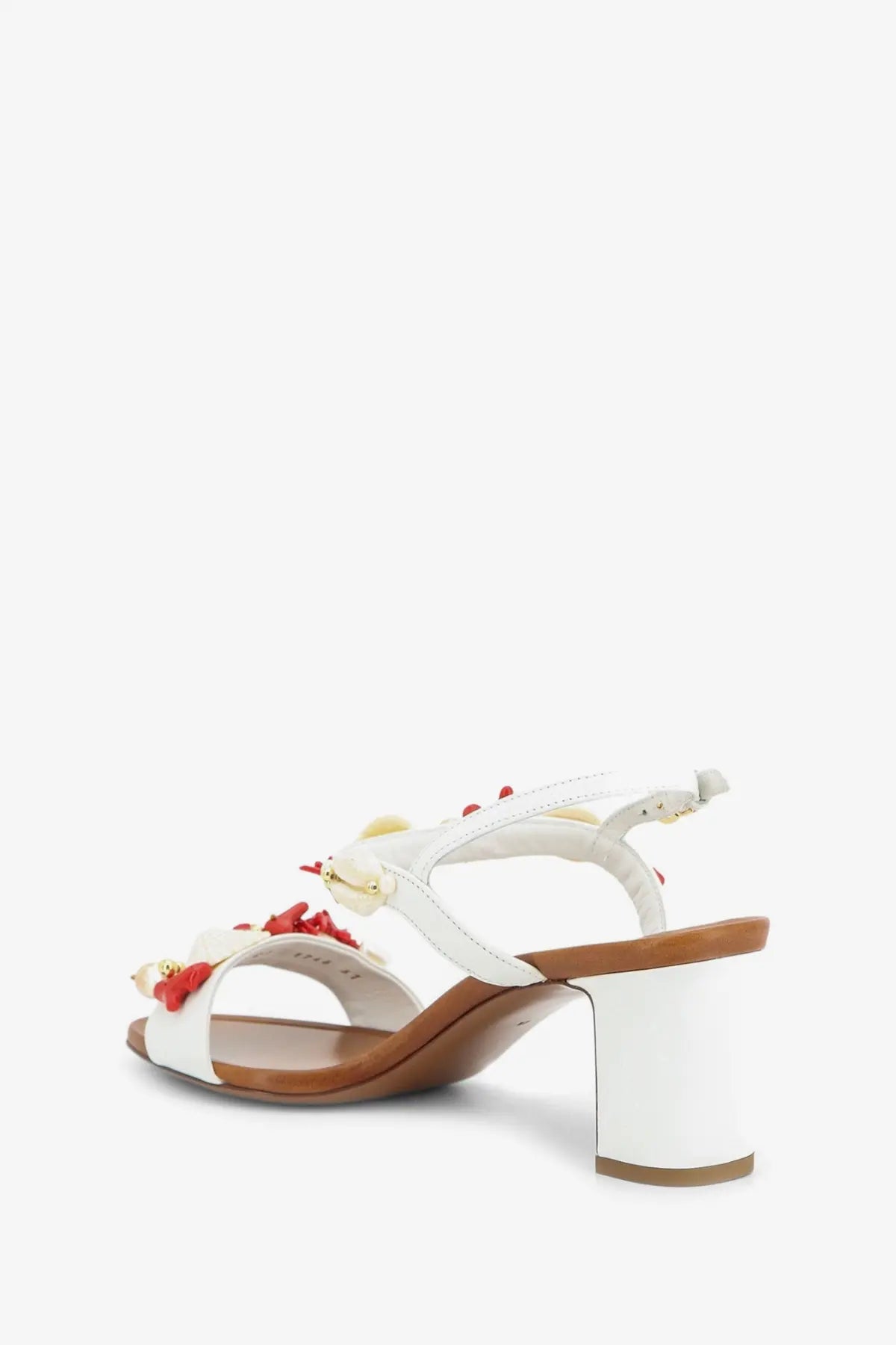 Dolce &amp; Gabbana women’s white leather sandals with red and yellow floral embellishments and block heel