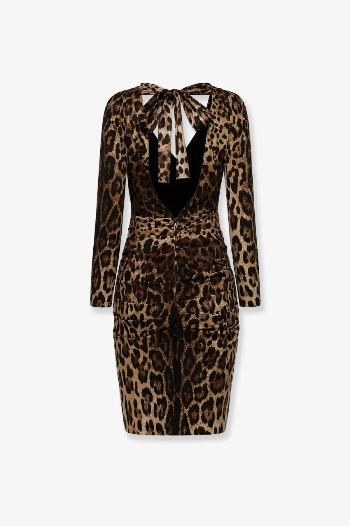 Dolce &amp; Gabbana women’s leopard print long-sleeved velvet dress with back tie and black inner lining showing back view