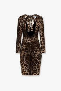 Dolce &amp; Gabbana women’s leopard print long-sleeved velvet dress with back tie and black inner lining showing back view