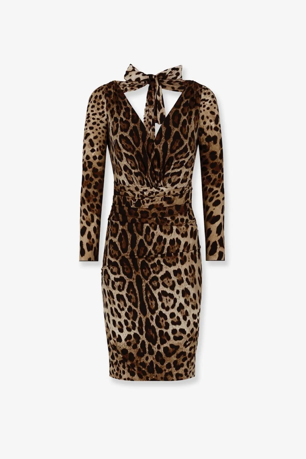 Dolce &amp; Gabbana women’s leopard print fitted charmeuse dress with long sleeves ruched waistband and tie-back neckline