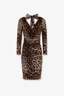 Dolce &amp; Gabbana women’s leopard print fitted charmeuse dress with long sleeves ruched waistband and tie-back neckline