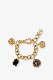 Dolce &amp; Gabbana women’s gold-toned brass chain bracelet with black onyx charm, engraved d&amp;g medallions, and ornate coin charm