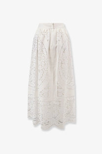 Dolce &amp; Gabbana women’s white linen and cotton skirt with flowing ivory lace midi length and intricate floral patterns