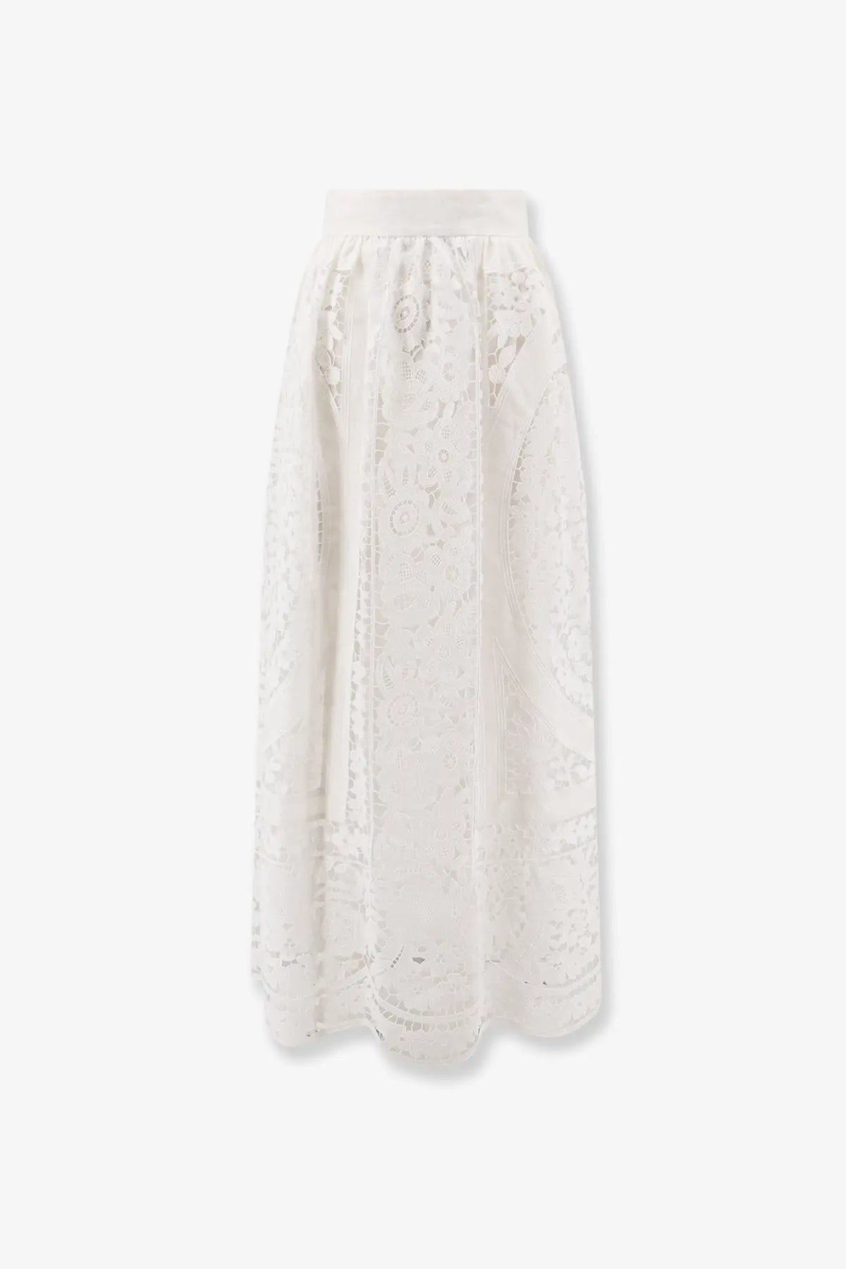 Dolce &amp; Gabbana women’s white linen and cotton maxi skirt with an elastic waistband and floral lace embroidery