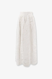 Dolce &amp; Gabbana women’s white linen and cotton maxi skirt with an elastic waistband and floral lace embroidery