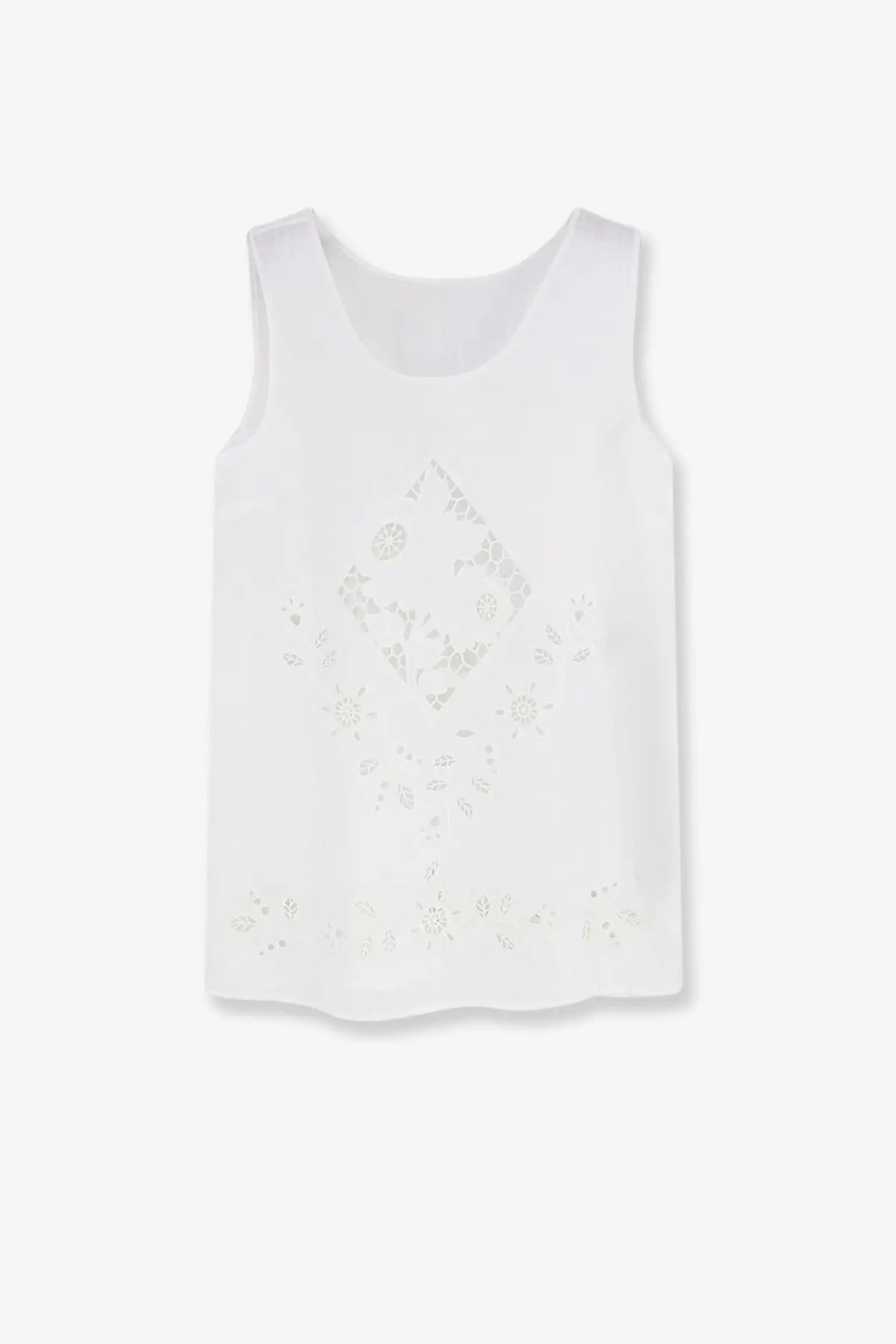 Dolce &amp; Gabbana women’s white linen sleeveless top with delicate lace embroidery in a diamond pattern