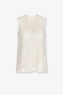 Dolce &amp; gabbana women’s sleeveless ivory lace top with high neckline and scalloped hem in stretch fabric