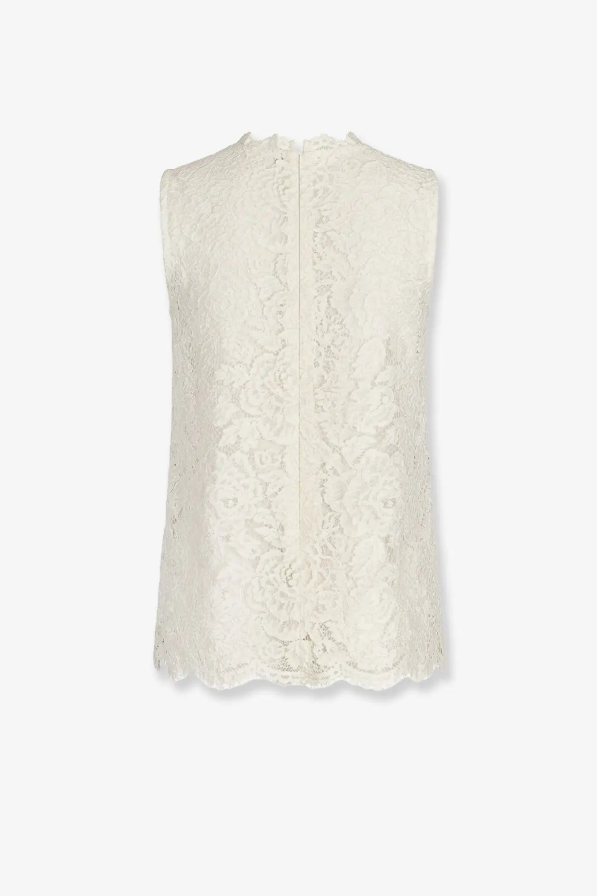 Dolce &amp; Gabbana women’s white stretch lace sleeveless top with scalloped hem and back zipper shown from the back