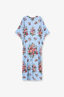 Dolce &amp; Gabbana women’s long blue charmeuse dress with light blue floral pattern and loose flowing silhouette