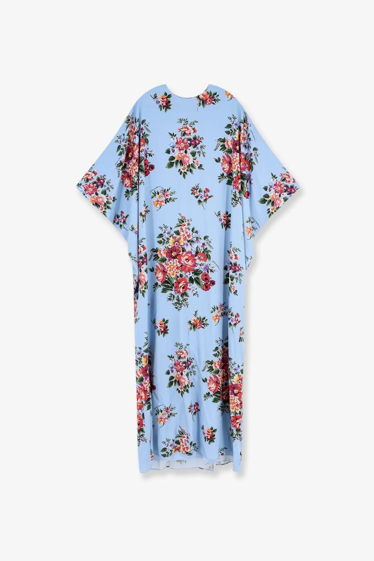 Dolce &amp; Gabbana women’s long charmeuse dress in light blue with vibrant floral print and wide sleeves flowing silhouette