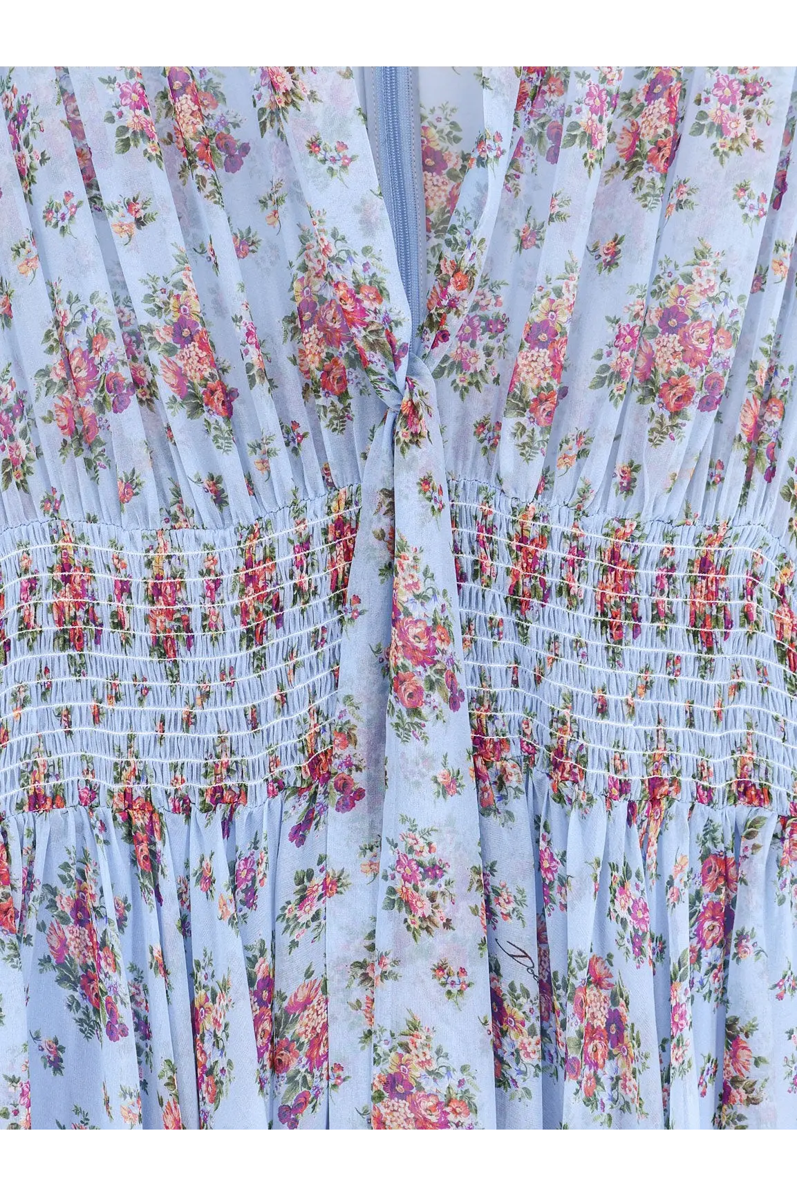 Dolce &amp; Gabbana women’s long chiffon dress in light blue with delicate pink and purple floral vintage pattern on sheer fabric