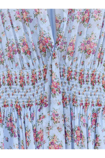 Dolce &amp; Gabbana women’s long chiffon dress in light blue with delicate pink and purple floral vintage pattern on sheer fabric