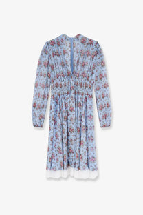 Dolce &amp; Gabbana women’s long chiffon dress in light blue with floral print, long sleeves, smocked waistband, and white lace trim