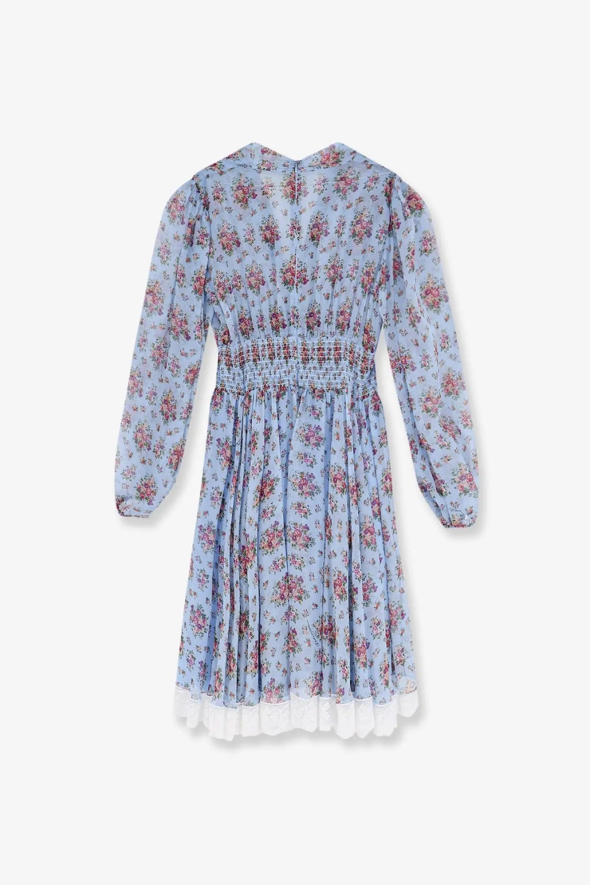 Dolce &amp; gabbana women’s long chiffon dress in light blue floral print with long sleeves and white lace trim at hem
