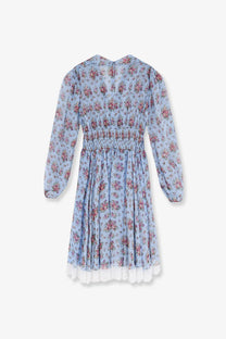 Dolce &amp; gabbana women’s long chiffon dress in light blue floral print with long sleeves and white lace trim at hem