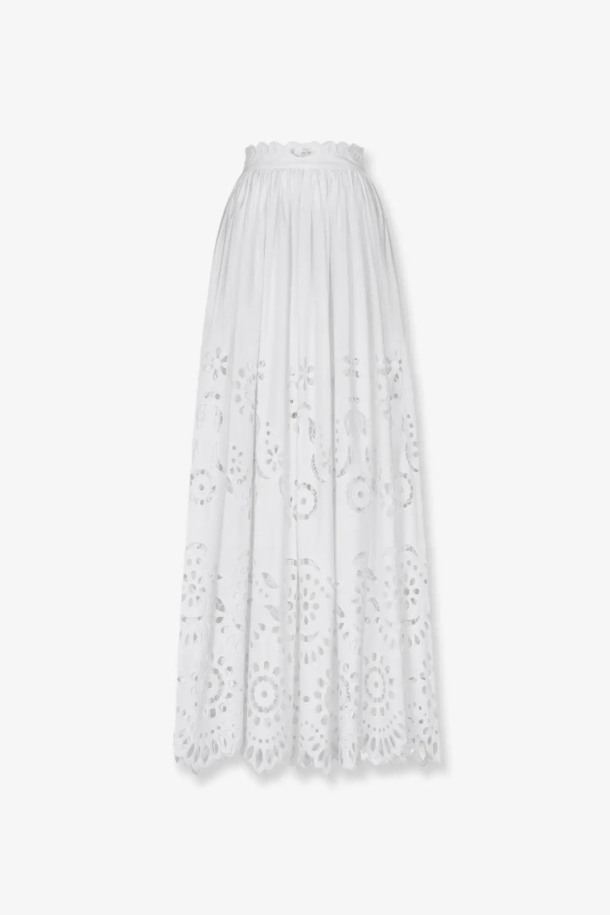 Dolce &amp; Gabbana women’s long white cotton poplin skirt with delicate white floral embroidery and scalloped waistband