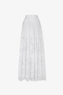 Dolce &amp; Gabbana women’s long white cotton poplin skirt with delicate white floral embroidery and scalloped waistband