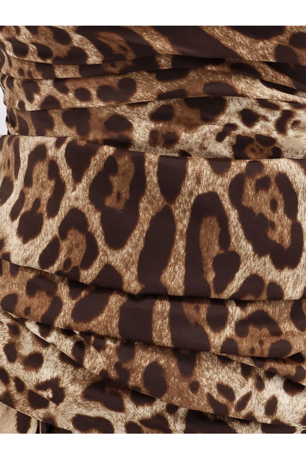Dolce &amp; Gabbana women’s long silk dress featuring ruched leopard-print fabric with textured faux fur finish in brown and black
