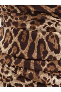 Dolce &amp; Gabbana women’s long silk dress featuring ruched leopard-print fabric with textured faux fur finish in brown and black