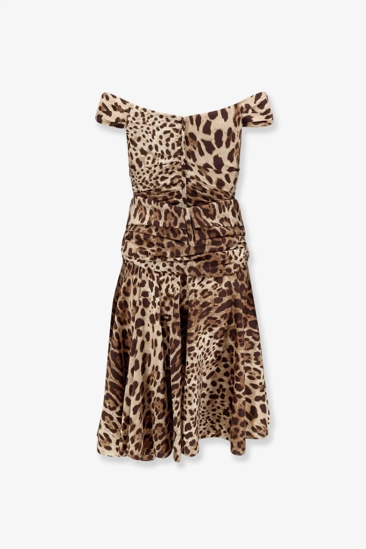 Dolce &amp; Gabbana women’s long silk off-the-shoulder leopard print dress with ruched detailing and flared skirt
