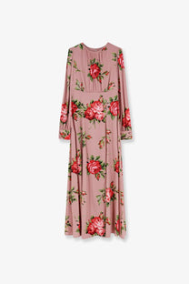 Dolce &amp; Gabbana women’s long silk dress in pink featuring a flowing floral maxi design with long sleeves and gathered neckline
