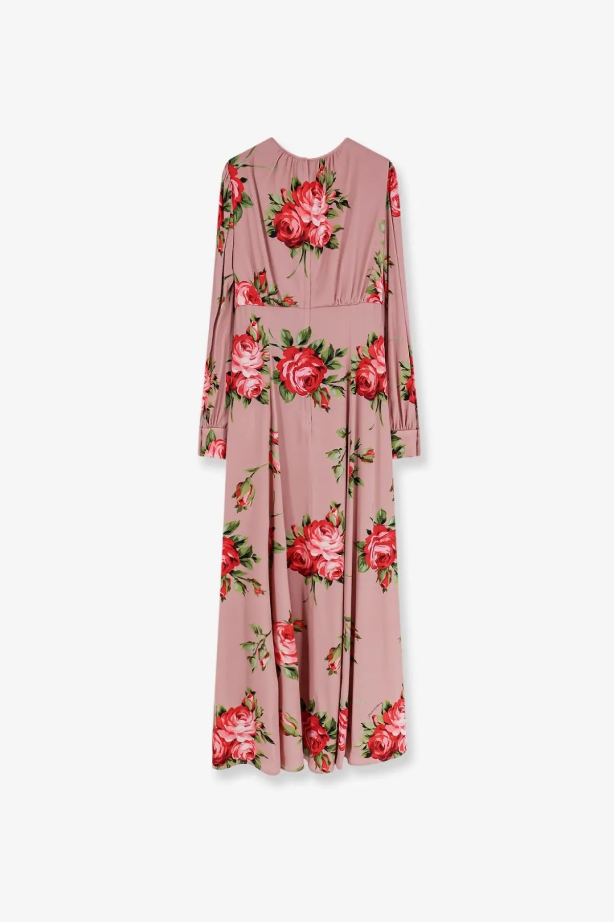 Dolce &amp; Gabbana women’s long silk pink maxi dress with long sleeves fitted waist and red rose floral pattern