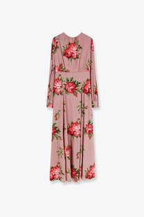 Dolce &amp; Gabbana women’s long silk dress in pink with flowing floral maxi design featuring red roses and green leaves