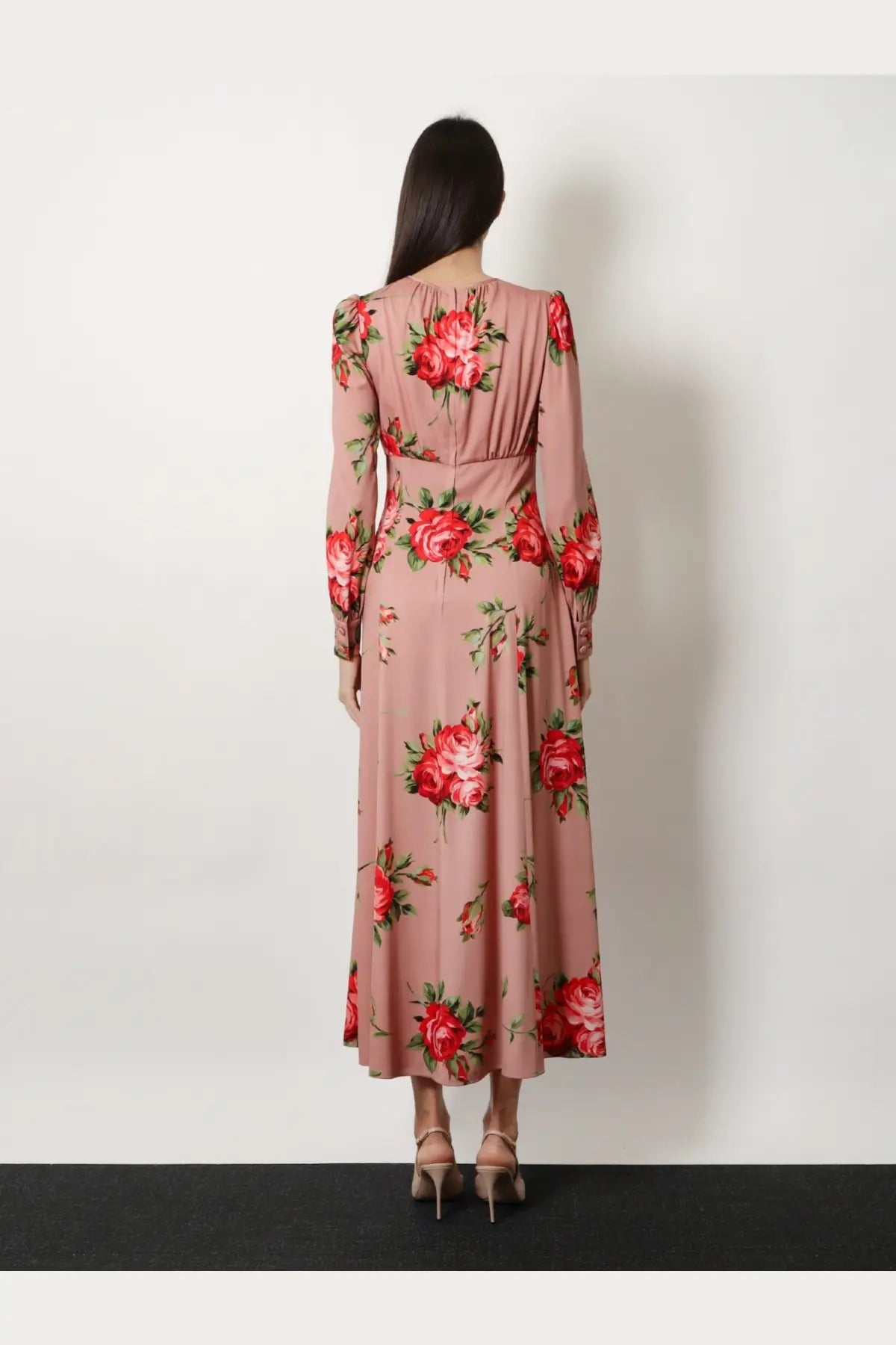 Dolce &amp; Gabbana women’s long silk pink midi dress with long sleeves fitted waist and vibrant red rose print