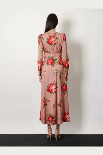 Dolce &amp; Gabbana women’s long silk pink midi dress with long sleeves fitted waist and vibrant red rose print