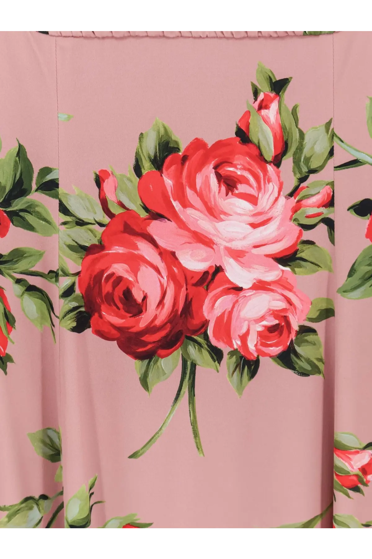 Dolce &amp; Gabbana women’s long silk pink dress with vibrant red and pink rose floral pattern and green leaves