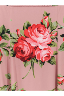 Dolce &amp; Gabbana women’s long pink silk dress with vibrant red and pink rose floral pattern and green leaves