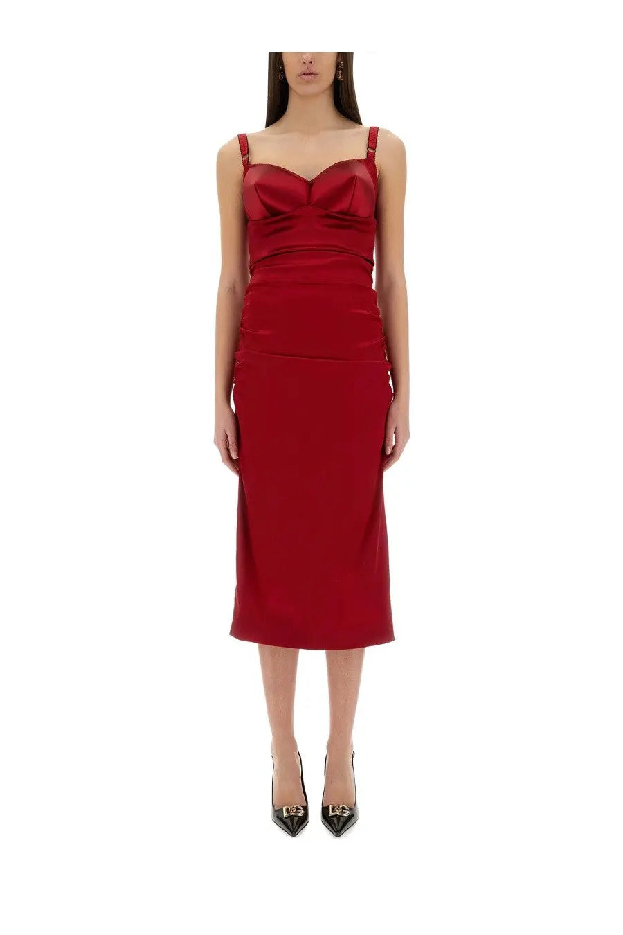 Dolce &amp; Gabbana women’s longuette dress in red satin with sweetheart neckline and ruched detailing