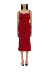 Dolce &amp; Gabbana women’s longuette dress in red satin with sweetheart neckline and ruched detailing