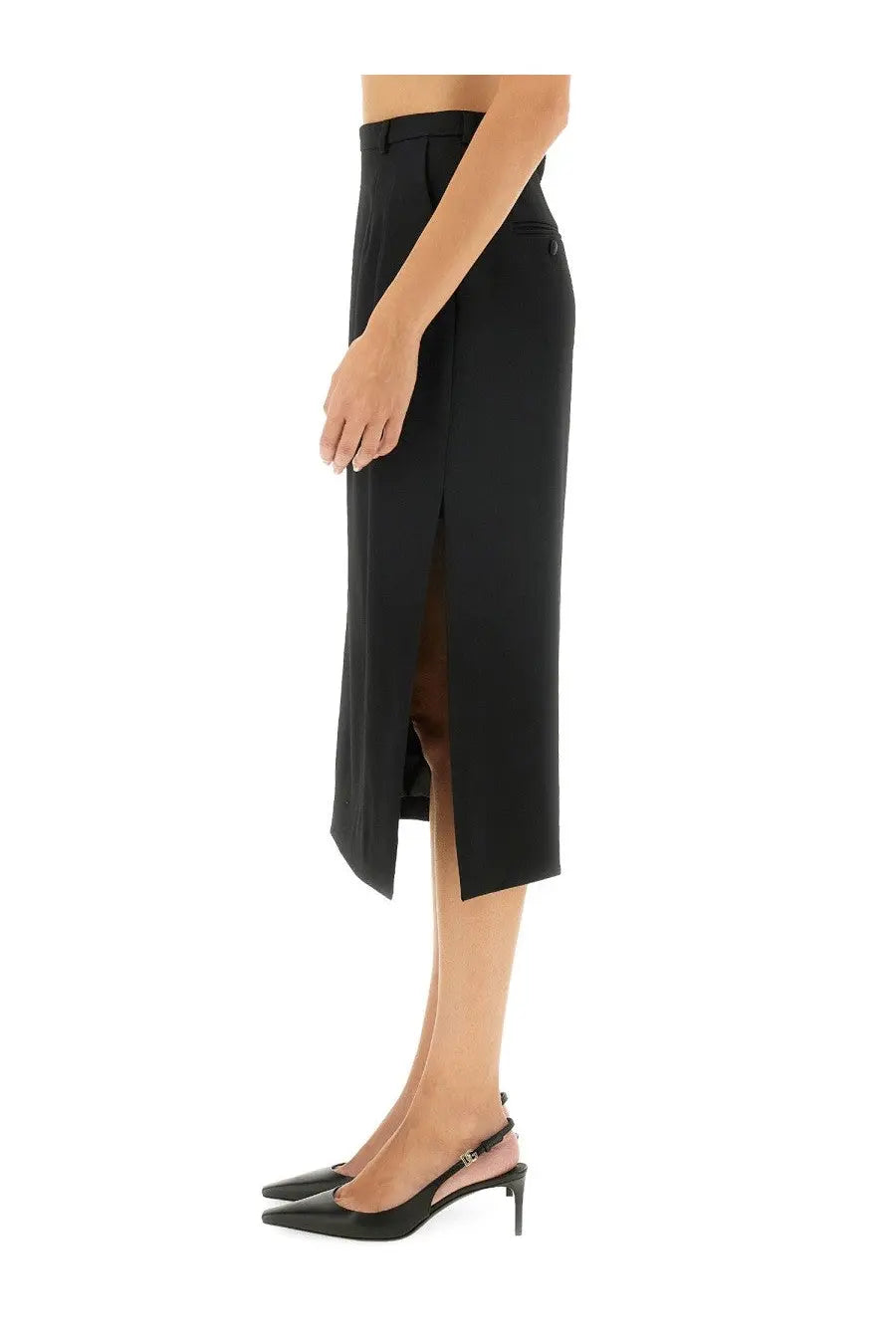 Dolce &amp; Gabbana women’s black high waisted longuette skirt with front slit and tailored fit
