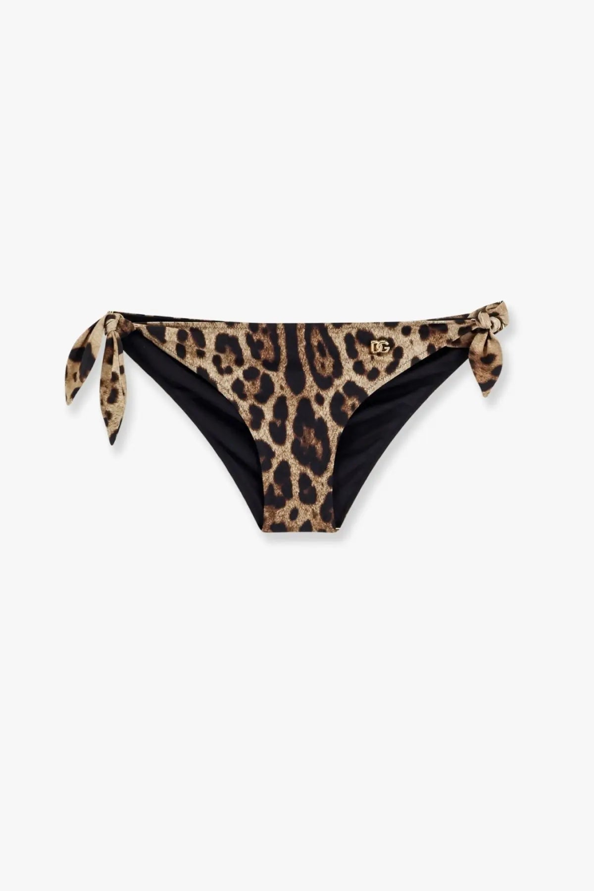 Black and tan leopard-print lycra bikini bottoms with tied side ties by dolce and gabbana women’s pattern