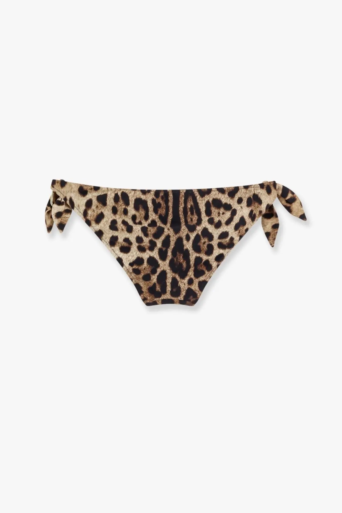 Dolce &amp; Gabbana women’s lycra leopard print bikini bottoms with tied side ties shown from the back