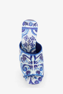 Dolce &amp; Gabbana women’s blue and white ceramic print shiny leather high heel mule sandal