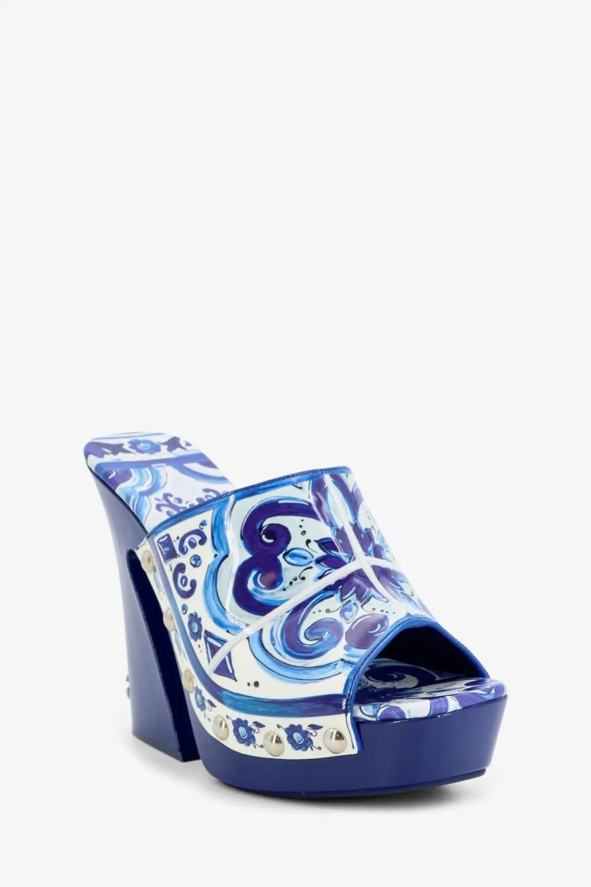 Dolce and Gabbana women’s blue and white ceramic patterned platform wedge sandals with metallic studs on shiny leather