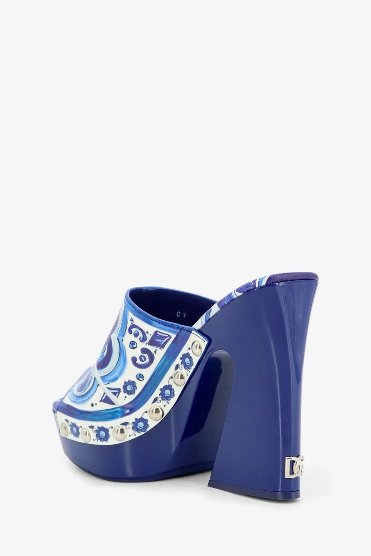 Dolce &amp; Gabbana women’s cobalt blue platform mules with shiny leather and intricate maiolica floral print accents