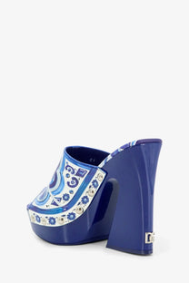 Dolce &amp; Gabbana women’s cobalt blue platform mules with shiny leather and intricate maiolica floral print accents