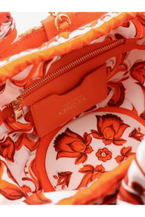 Dolce &amp; Gabbana women’s maiolica shoulder bag in leather and raffia orange with vibrant floral pattern and gold-tone hardware