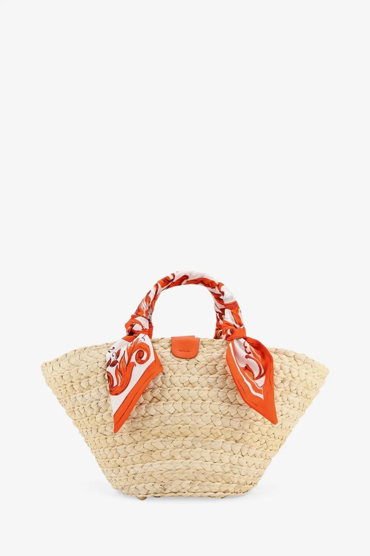Dolce &amp; Gabbana women’s maiolica shoulder bag in beige woven straw with leather and orange patterned scarf detail