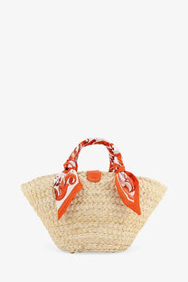 Dolce &amp; Gabbana women’s maiolica shoulder bag in beige woven straw with leather and orange patterned scarf detail