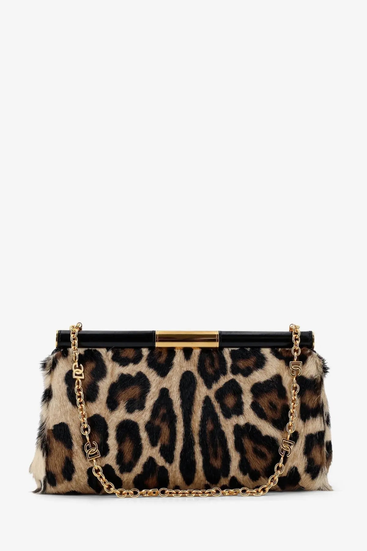 Dolce &amp; gabbana women’s marlene leopard-print pony skin clutch bag with black gold clasp and golden logo chain strap